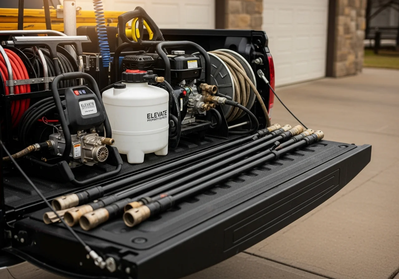 Professional cleaning equipment and tools arranged on a work truck bed, ready for residential exterior service.