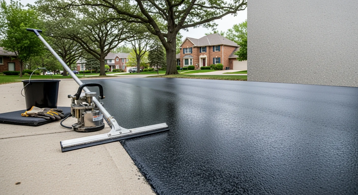 Freshly sealed residential driveway with dark protective coating