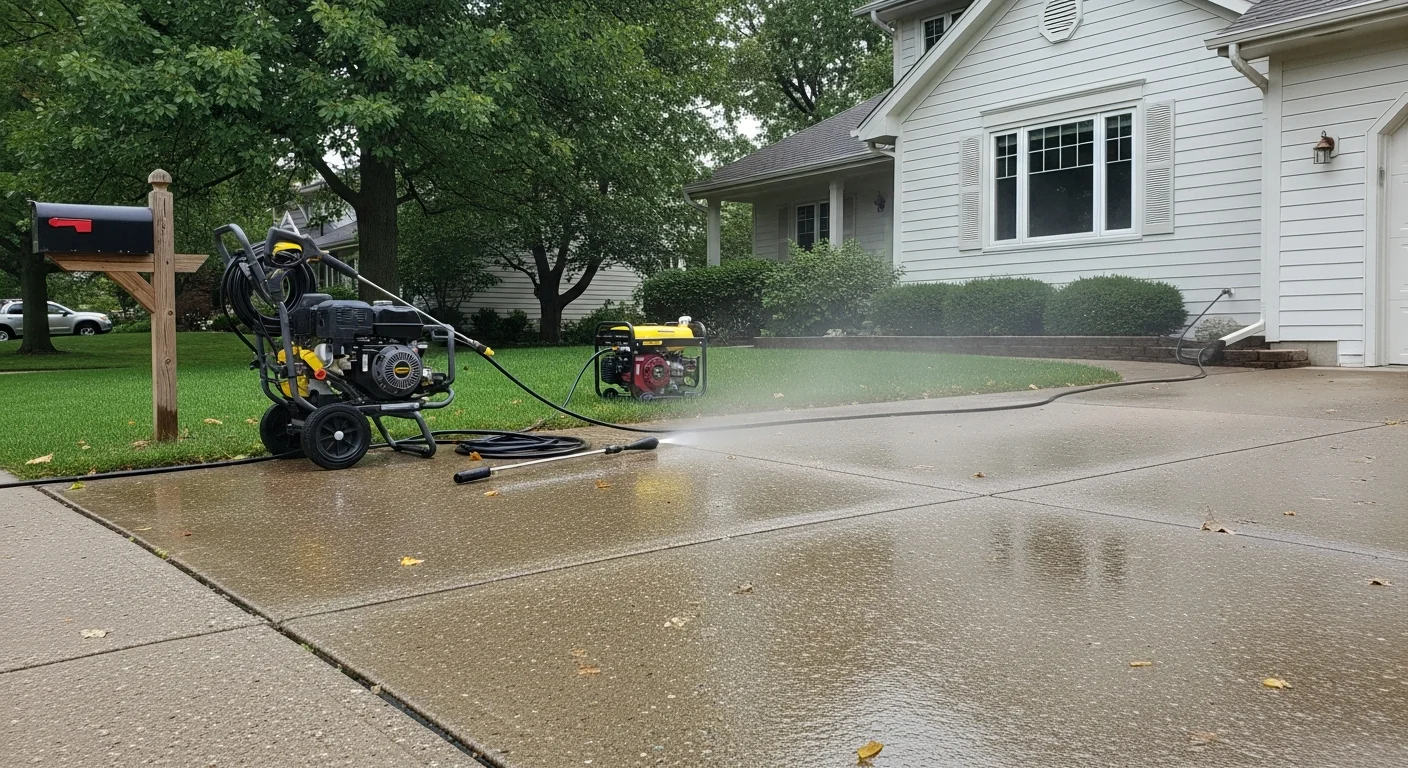 Professional pressure washing equipment cleaning a residential driveway