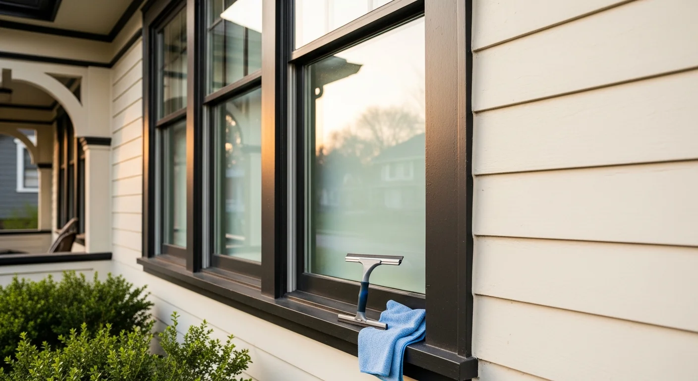 Professional window cleaner working on residential home windows