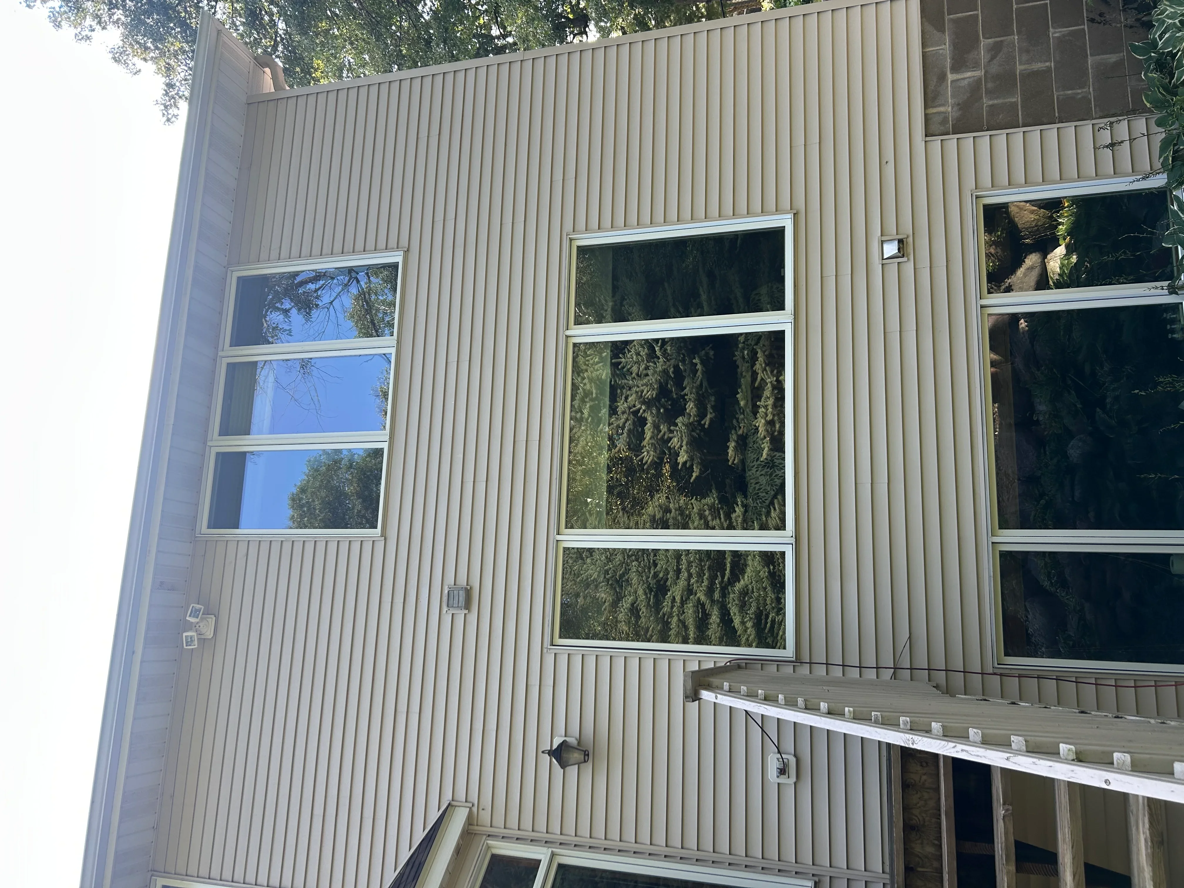 Aluminum windows installed in corrugated metal siding with white trim and horizontal muntins