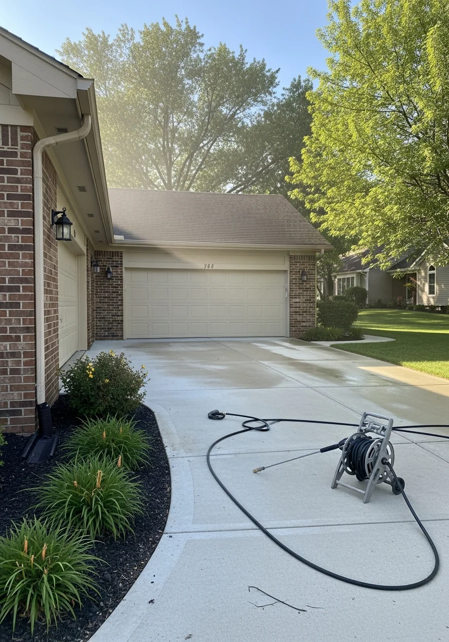 A service professional working on the grounds of a Burnsville home with trees and established plantings.
