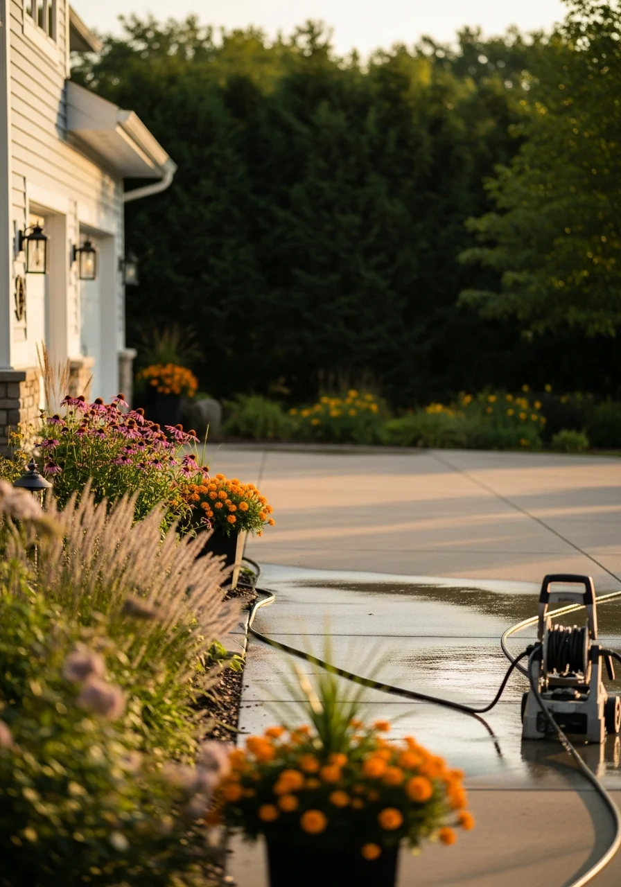 A professional service provider standing in front of an Eden Prairie property with seasonal plantings.