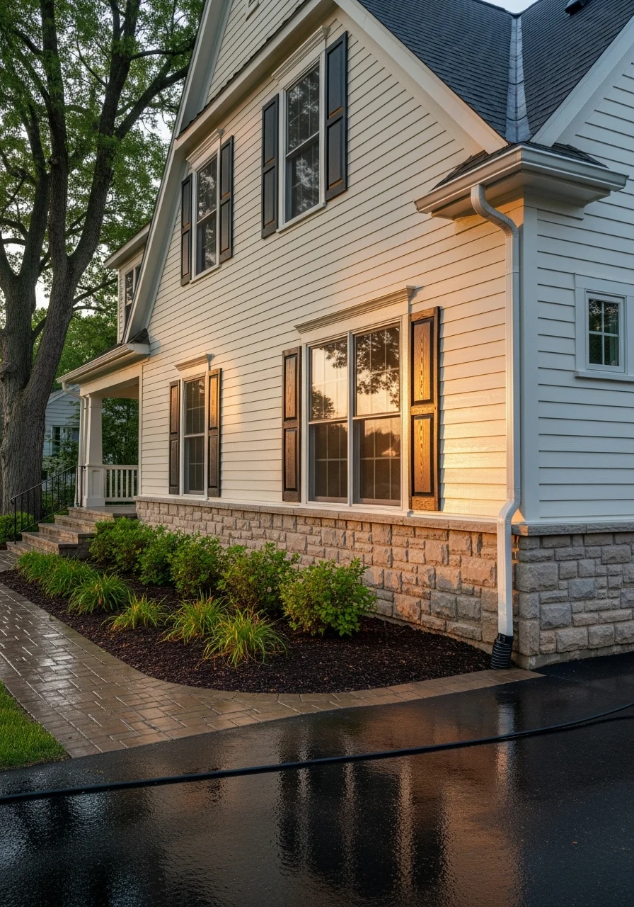 A professional team member standing in front of a Minnetonka home with seasonal landscaping.