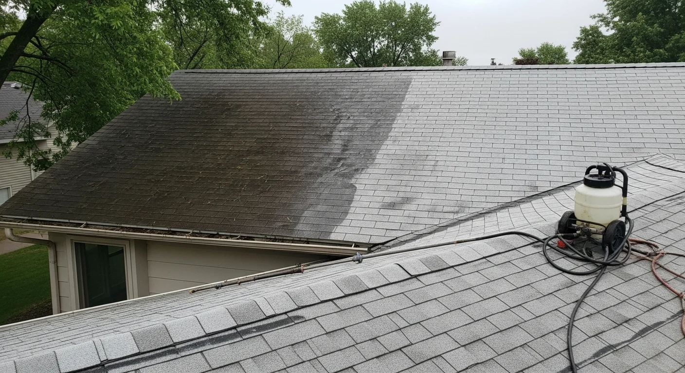 A Prior Lake residential roof with dark algae streaks on asphalt shingles being treated by an Elevate Property Services technician using a soft-wash cleaning method. The before-and-after contrast shows stained shingles on one side and clean, restored shingles on the other.