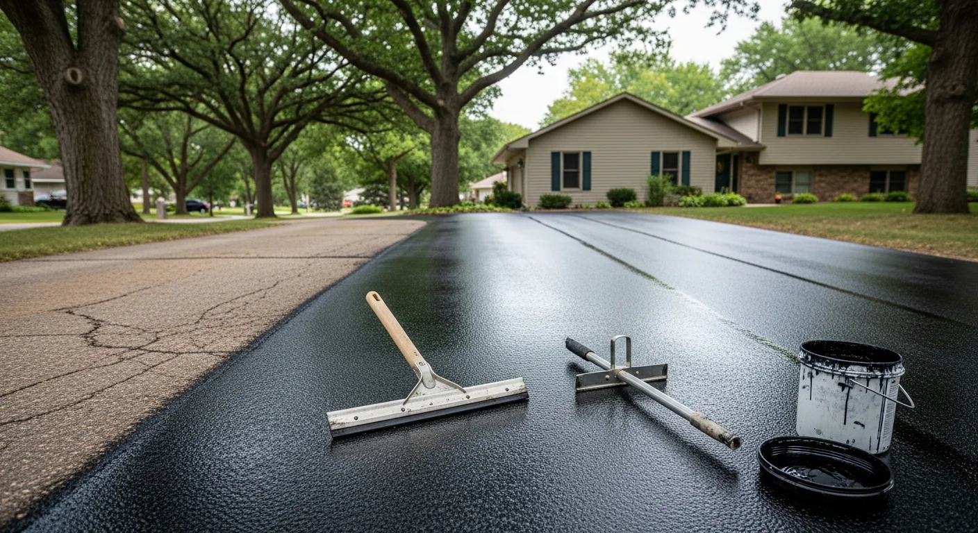 A freshly sealed asphalt driveway in front of a single-family home in Prior Lake, Minnesota, showing a smooth, dark surface with clean edges. The driveway leads to an attached garage on a residential street typical of Prior Lake neighborhoods.
