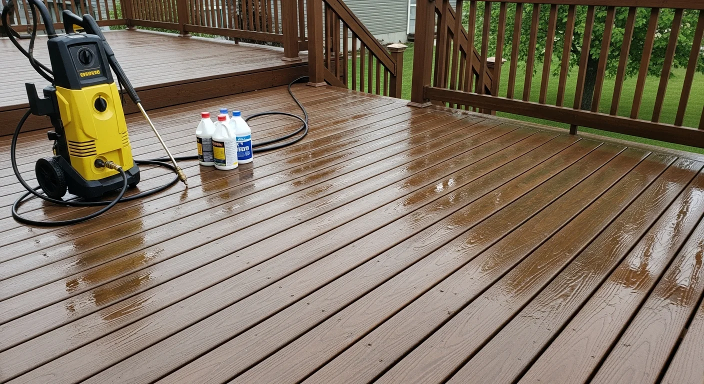 A Prior Lake residential wood deck after professional pressure washing by Elevate Property Services, showing clean boards and railings free of mold and algae. The restored deck surface shows even coloring across all boards with no visible staining or organic growth.