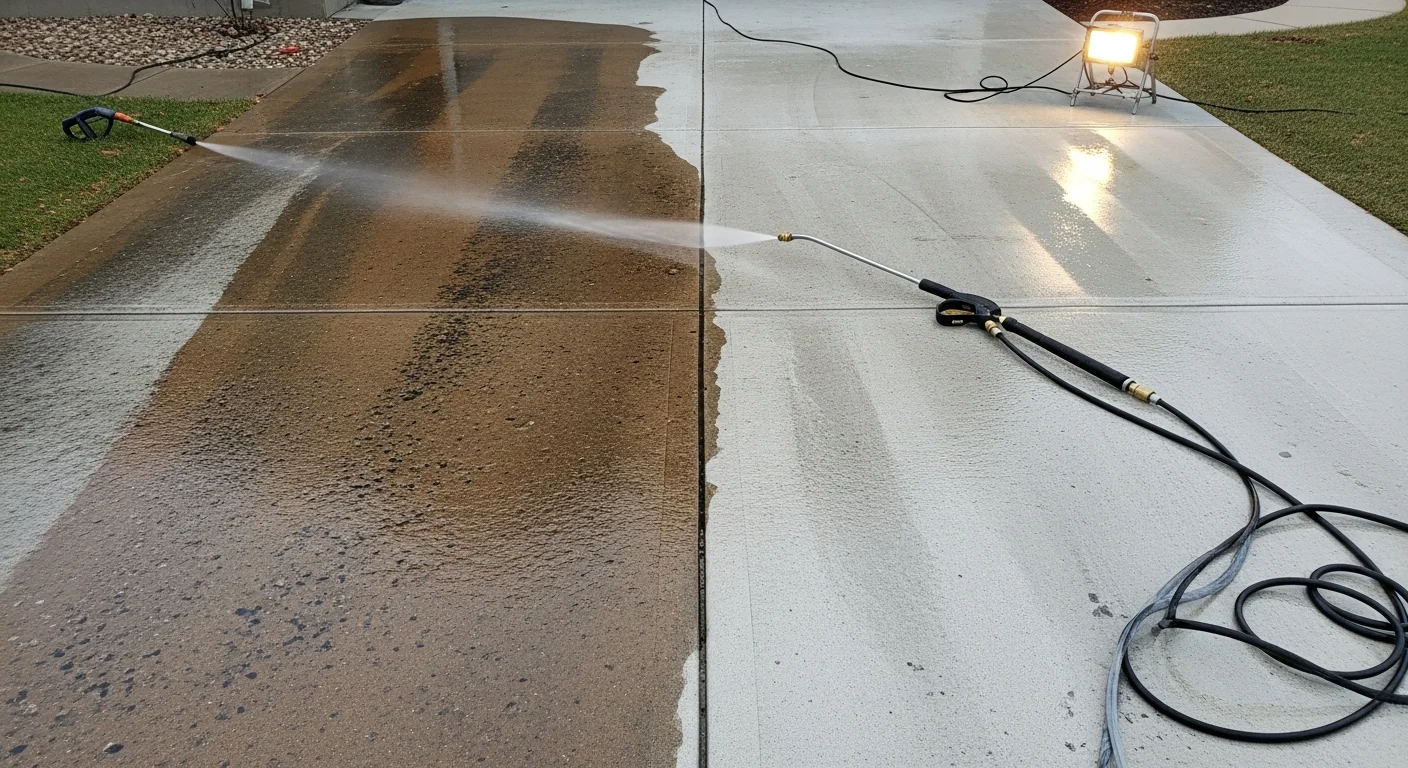 A concrete residential driveway in Prior Lake, MN shown before and after professional pressure washing, with dark algae staining and road salt residue fully removed from the surface. The cleaned driveway shows restored concrete color against a typical suburban Prior Lake home exterior.