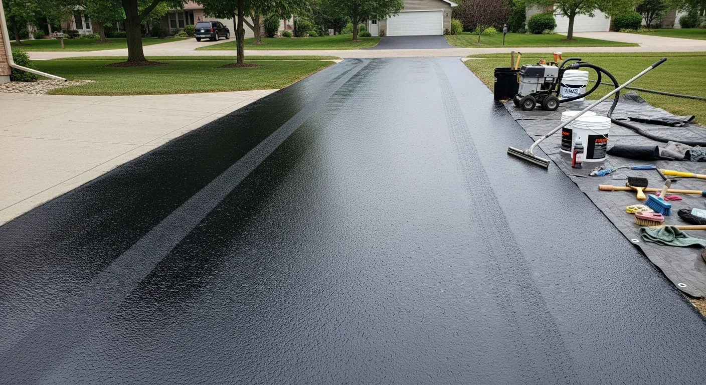 A freshly sealed residential driveway in Prior Lake, Minnesota with a smooth, dark surface and clean edges leading to a single-family home. The sealed surface contrasts with the surrounding lawn, showing uniform sealcoat coverage after professional driveway protection service.