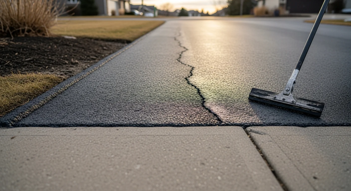 A freshly sealed asphalt driveway in front of a single-family home in Prior Lake, Minnesota, showing a smooth, dark black surface with clean edges. The sealed surface contrasts with the surrounding lawn on a clear Minnesota day.