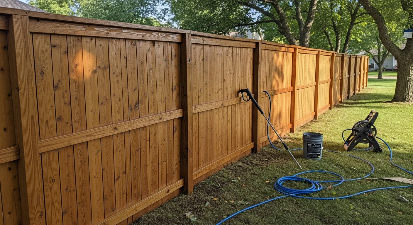 A wood privacy fence in a Prior Lake, Minnesota backyard shown after professional pressure washing, with clean panels free of green algae and dark mildew stains. The fence line runs along a residential yard with visible post and rail detail restored to a uniform, natural wood tone.