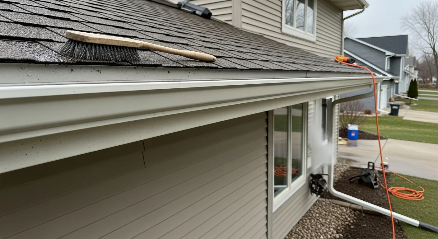 Close-up of a Prior Lake home's gutters showing the before-and-after contrast of dark oxidation streaks removed by professional gutter brightening. The cleaned gutter face shows restored original color against the home's roofline.