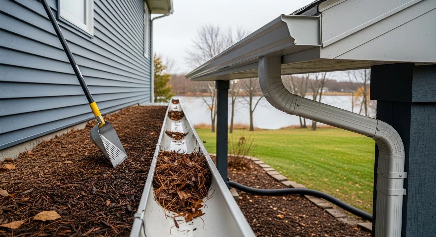A gutter cleaning technician removing packed leaves and debris from the gutters of a single-family home in Prior Lake, MN. The downspout is being flushed to confirm clear water flow away from the home's foundation.
