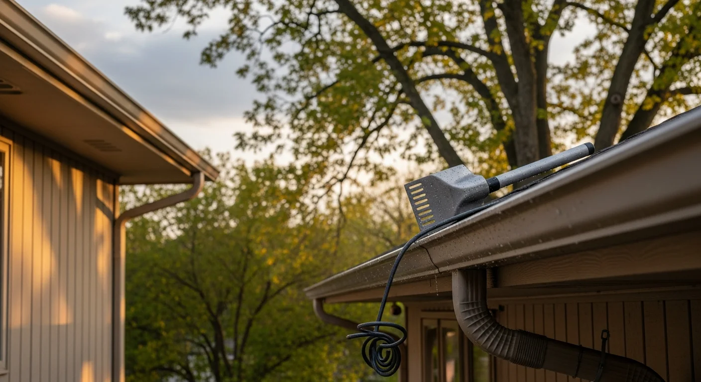 A technician from Elevate Property Services clearing debris from a residential gutter on a single-family home in Prior Lake, MN. The downspout is flushed and water flows freely away from the home's foundation.