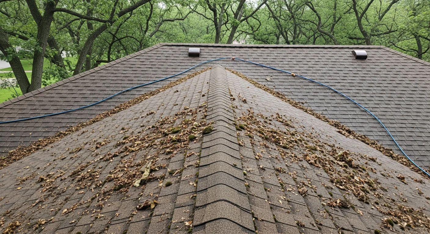 A Prior Lake residential roof with green moss growth cleared from asphalt shingles along a shaded north-facing slope. The cleaned roof surface shows uniform shingle texture with no visible organic buildup remaining.