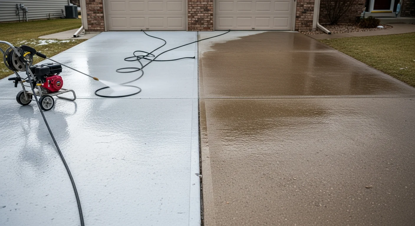 A pressure washing technician cleaning a concrete driveway at a single-family home in Prior Lake, MN, with dark staining and winter grime being removed to reveal clean gray concrete. The home's vinyl siding and attached garage are visible in the background.