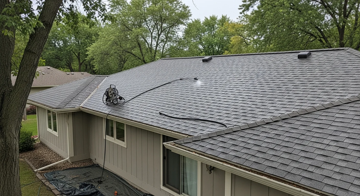 A Prior Lake residential roof after soft wash cleaning, showing shingles cleared of dark algae streaks and green moss growth. The home sits on a tree-lined lot typical of Prior Lake neighborhoods near the lake.