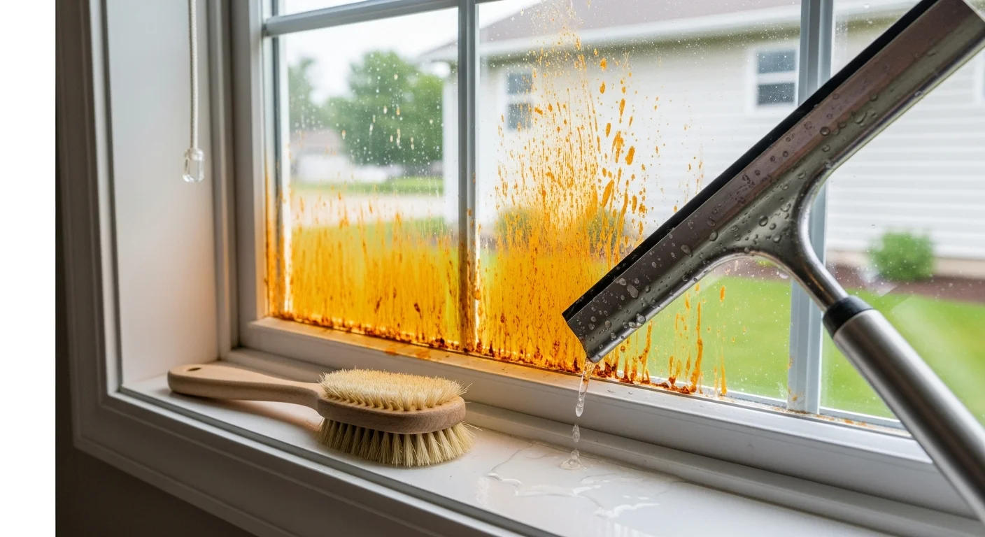 Close-up of a Prior Lake home exterior showing orange rust stains removed from a window frame and adjacent vinyl siding. The cleaned glass and siding surface appear clear and streak-free after professional rust stain removal treatment.