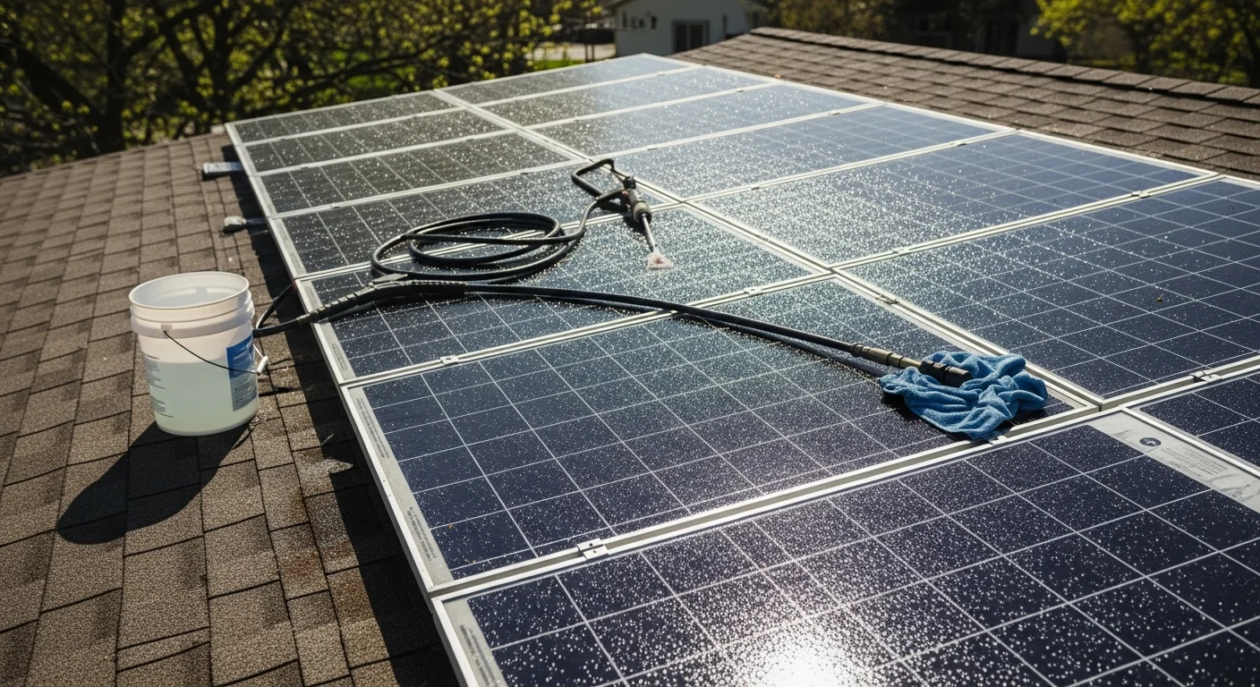 A technician from Elevate Property Services cleaning solar panels on a residential rooftop in Prior Lake, Minnesota, removing pollen and winter residue from the panel glass surface. The panels are mounted on an asphalt shingle roof under a clear Minnesota sky.