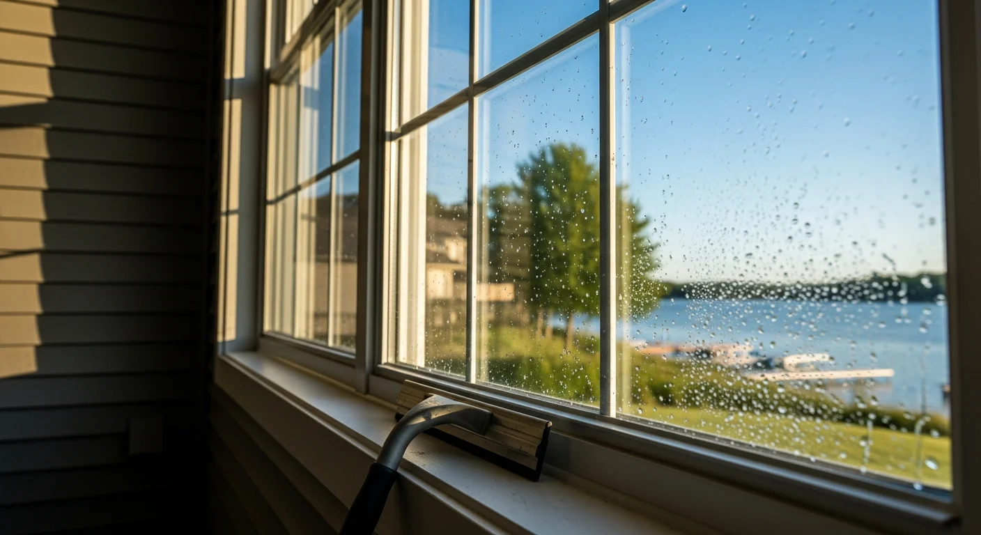 A window cleaning technician cleaning the exterior glass of a two-story lakefront home in Prior Lake, MN, with Upper Prior Lake visible in the background. Freshly cleaned picture windows reflect clear sky with no streaks or water spots.